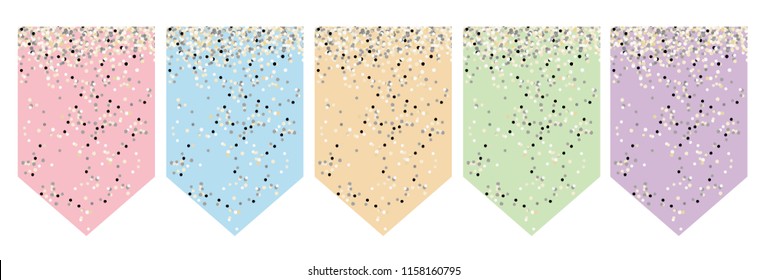 Flag Banner Set. Vector Graphic. Party Decoration. Do It Yourself. Various Colors. Cute Design.Tiny Bright Confetti on a Pink,Blue,Green, Violet and Yellow Backgrounds. Party Garland Elements.