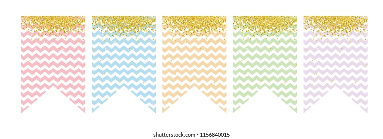 Flag Banner Set. Vector Graphic.Party Decoration.Do It Yourself. Various Colors. Cute Design.Golden Confetti,White Chevron on a Pink,Blue,Green, Violet and Yellow Backgrounds. Party Garland Elements.