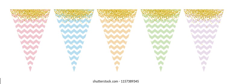 Flag Banner Set. Vector Graphic.Party Decoration.Do It Yourself. Various Colors. Cute Design.Golden Confetti,White Chevron on a Pink,Blue,Green, Violet and Yellow Backgrounds. Party Garland Elements.