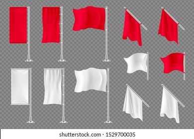 Flag banners. Vector realistic textile flags mockup isolated on transparent background