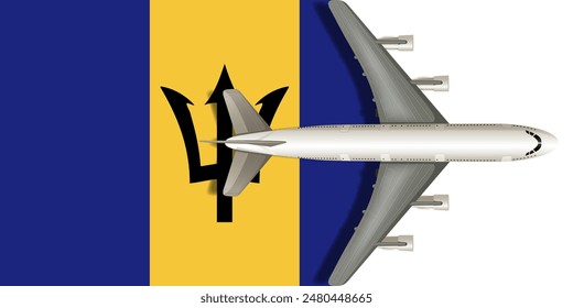 Flag of Barbados with an airplane flying over it close up. Vector image.