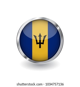 Flag of barbados, button with metal frame and shadow. barbados flag vector icon, badge with glossy effect and metallic border. Realistic vector illustration on white background.