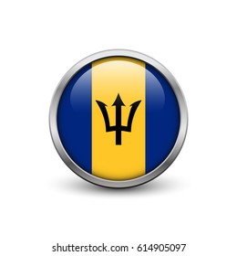 Flag of Barbados, button with metal frame and shadow