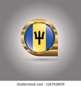 Flag of Barbados, button with the reflection of light and shadow, gold frame, Icon country. Realistic vector illustration on gray background.