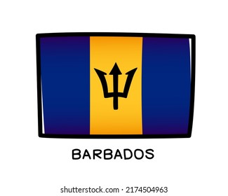 Flag of Barbados. Colorful barbados flag logo. Blue and yellow brush strokes, hand drawn. Black outline. Vector illustration isolated on white background.
