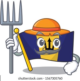 Flag barbados as Farmer cartoon character with hat and tools