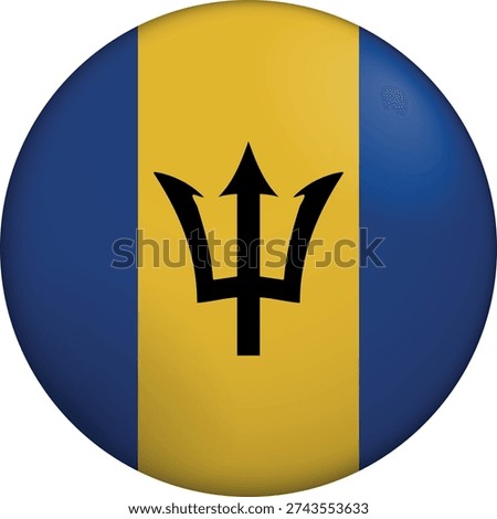 Flag of Barbados. Glossy circular flag. Button appearance. 3D Icon Design with depth. Professional, tactile look. Perfect for representing national identity in digital interfaces and perfect for websites
