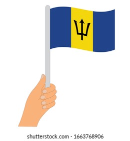 Flag of Barbados . Hand holding a Barbados  flag - vector icon.