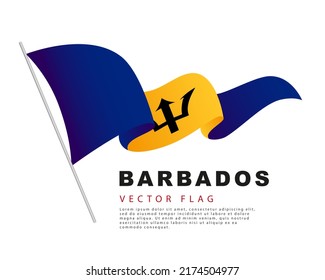 The flag of Barbados hangs on a flagpole and flutters in the wind. Vector illustration isolated on white background. Colorful barbados flag logo.