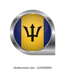 Flag of Barbados, location map pin, pointer flag, button with the reflection of light and shadow, silver frame, Icon country. Realistic vector illustration on white background.