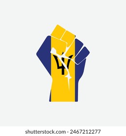 Flag of Barbados in the shape of raised hand sign isolated on background. Fist symbol modern, simple, vector, icon for website design, mobile app, ui. Vector Illustration