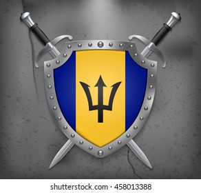 Flag of Barbados. The Shield Has Flag Illustration. Two Crossed Swords that are Behind the Shield. Vector Medieval Background