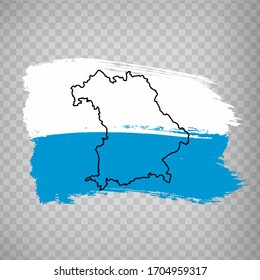 Bandera de Baviera de pinceladas. Mapa en blanco de Baviera. Alemania. Mapa de alta calidad de Baviera y bandera para el diseño de su sitio web, logotipo, aplicación sobre fondo transparente. EPS10.