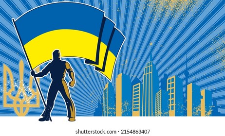 Flag bearer holding the flag of Ukraine over grunge background with copy space.