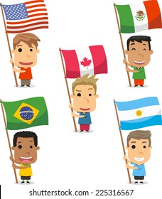 Flag Bearer Kids from America, USA, Mexico, Canada, Brazil, Argentina. Vector illustration cartoon.