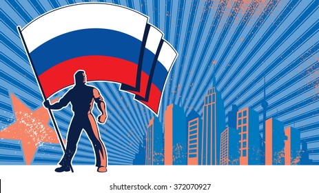 Flag Bearer Russia Background: Flag bearer holding the flag of Russia over grunge background with copy space. 