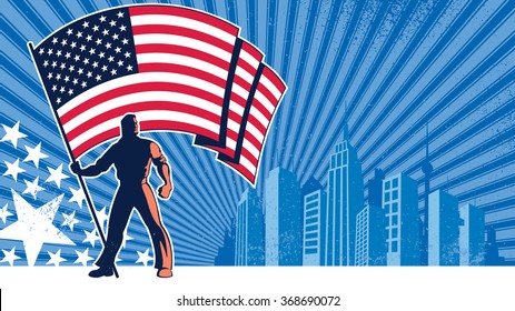 Flag Bearer USA Background: Flag bearer holding the flag of USA over grunge background with copy space. 