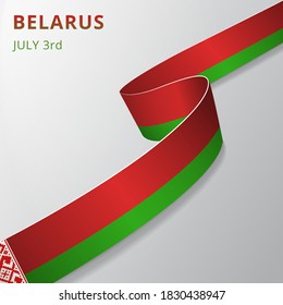Flag of Belarus. 3rd of July. Vector illustration. Wavy ribbon on gray background. Independence day. National symbol. Byelorussian ornament