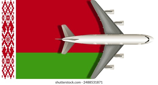 Bandera de Bielorrusia con un avión volando sobre ella de cerca. Vector Imagen.