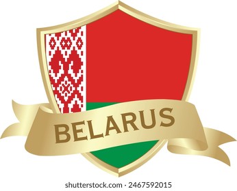 Flag of belarus as around the metal gold shield with belarus flag