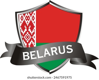 Flag of belarus as around the metal silver shield with belarus flag