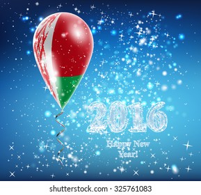 Flag of Belarus in a balloon. The celebration and gifts on Happy New Year. Merry Christmas. The sky sparkles with stars and snowflakes. Image. Vector. Icon.