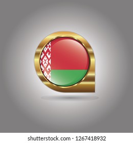 Flag of Belarus, button with the reflection of light and shadow, gold frame, Icon country. Realistic vector illustration on gray background.