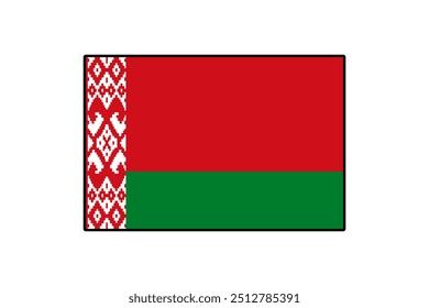 The flag of Belarus features a bold red field topped with green, adorned on the left edge with intricate traditional patterns, symbolizing the country's culture and heritage.