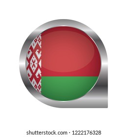Flag of Belarus, location map pin, pointer flag, button with the reflection of light and shadow, silver frame, Icon country. Realistic vector illustration on white background.