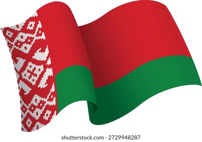 Flagge von Belarus. Bändchenfahne, die ein Gefühl von Bewegung und Welleneffekt vermittelt. Die eleganten Kurven und realistischen Schattierungen schaffen Bewegungsgefühl. Ideal für internationale Projekte, Reisematerialien und kulturelle Präsentationen.
