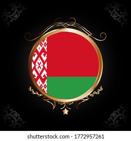 Bandera de Bielorrusia icono redondo con marco circular dorado, insignia o botón. Símbolo nacional de Bielorrusia. Ilustración vectorial.