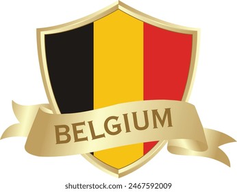 Flag of belgium as around the metal gold shield with belgium flag