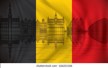 Flag of Belgium with Brussels skyline - vector illustration