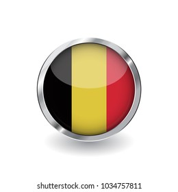 Flag of belgium, button with metal frame and shadow. belgium flag vector icon, badge with glossy effect and metallic border. Realistic vector illustration on white background.