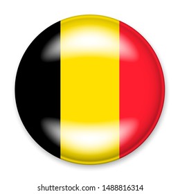 Die Flagge Belgiens in Form eines runden Knopfes mit einer leichten Brille und einem Schatten. 