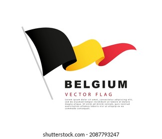 The flag of Belgium hangs from a flagpole and flutters in the wind. Vector illustration isolated on white background. Belgian flag colorful logo.