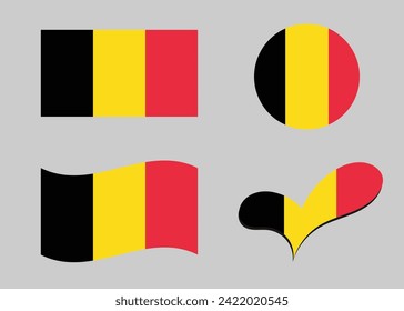 Flag of Belgium. Belgium flag in heart shape. Belgium flag in circle shape. Country flag variations	

