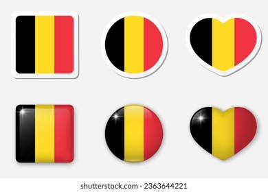 Flag of Belgium icons collection. Flat stickers and 3d realistic glass vector elements on white background with shadow underneath.