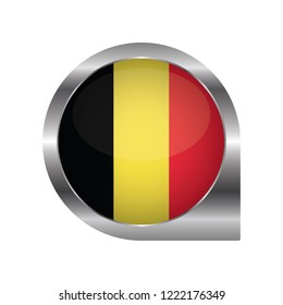 Flag of Belgium, location map pin, pointer flag, button with the reflection of light and shadow, silver frame, Icon country. Realistic vector illustration on white background.
