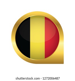 Flag of Belgium, location map pin, pointer flag, button with the reflection of light and shadow, gold frame, Icon country. Realistic vector illustration on white background.
