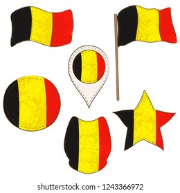 Flag of the Belgium Made in Different Variations, as Flag with and without Stick, in a Circle, as a Shield, Star and Map Pointer. Flag Shapes with Contours, Decorated with Stitch and Brush Texture.