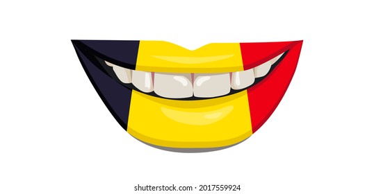 The flag of Belgium on the lips. A woman's smile with white teeth. Vector illustration.