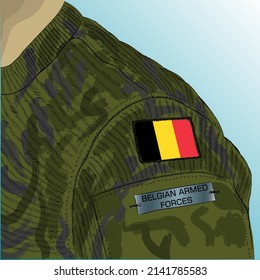 Flag of Belgium on soldier arm. Belgian Armed Forces	