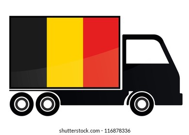 The flag of Belgium painted on the side of the silhouette of a truck