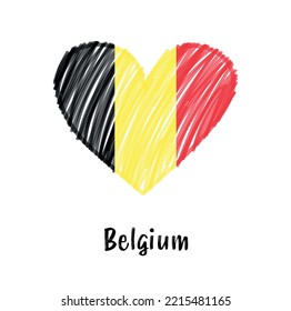 Flag of Belgium in shape of heart. Line drawing heart with Belgium flag.