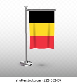 Flag of Belgium. Vector illustration of a vertical hanging flag with flagpole on a transparent background (PNG).