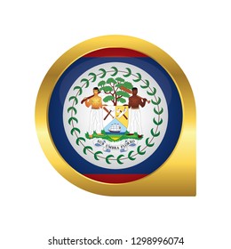 Flag of Belize, location map pin, pointer flag, button with the reflection of light and shadow, gold frame, Icon country. Realistic vector illustration on white background.