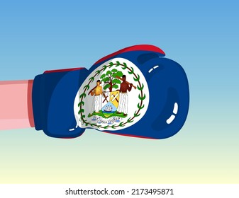 Bandera de Belice en el guante de boxeo. Enfrentamiento entre países con poder competitivo. Actitud ofensiva. Separación del poder. Diseño preparado para plantillas.