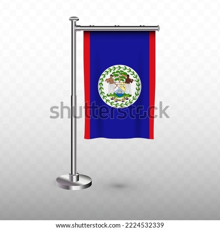 Flag of Belize. Vector illustration of a vertical hanging flag with flagpole on a transparent background (PNG).