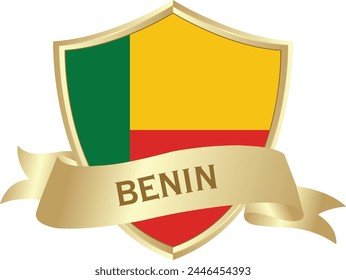 Flag of benin as around the metal gold shield with binin flag